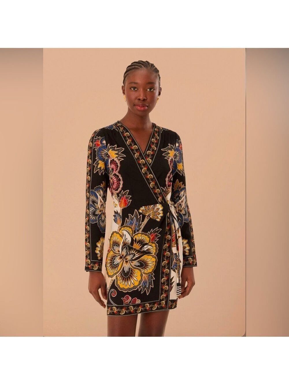 Farm Rio Black Maxi Floral Wrap Mini Dress